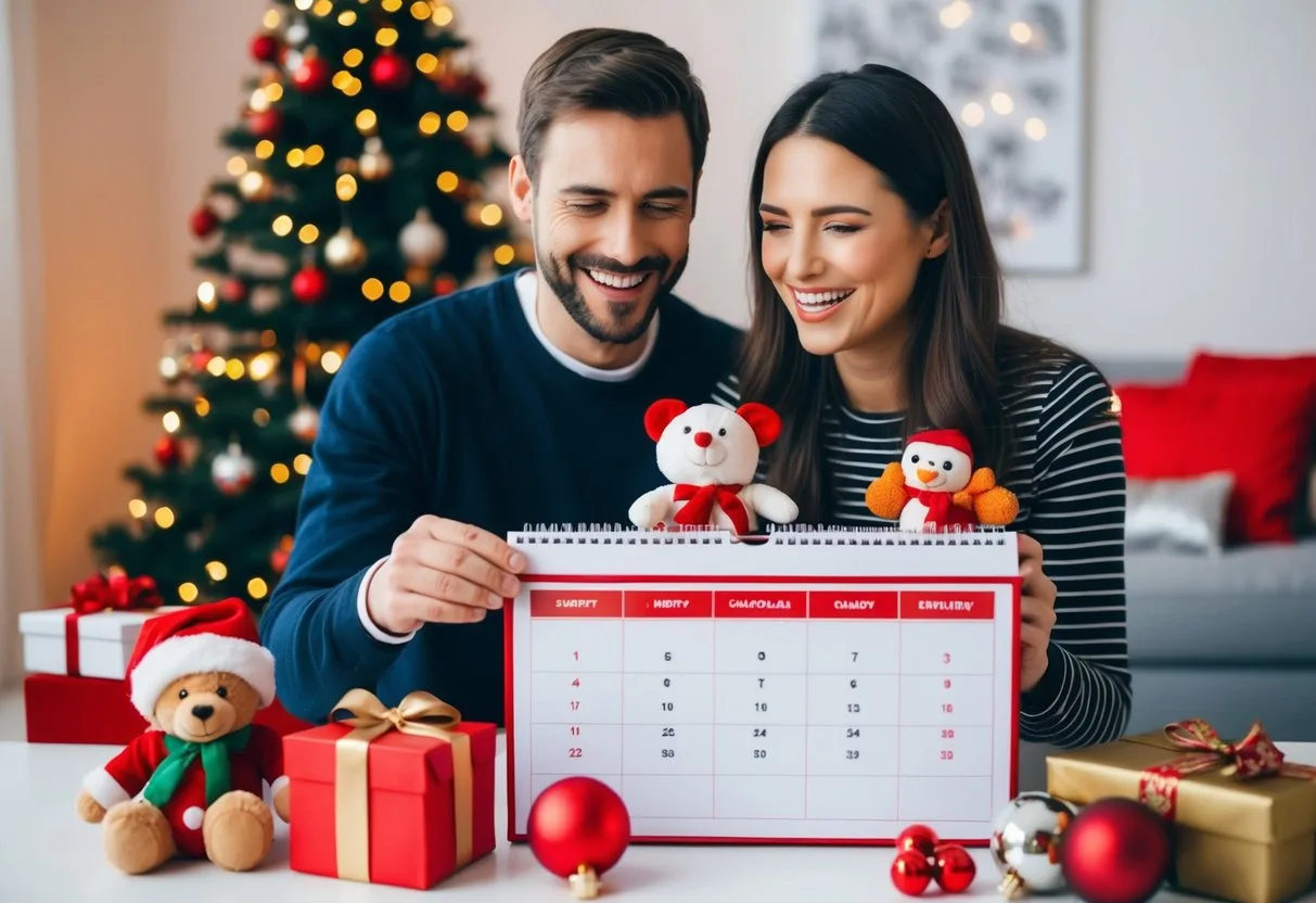 Et par åbner en julekalender fyldt med intime legetøj og tilbehør smilende og grinende sammen